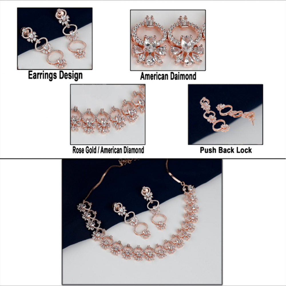 Kord Store Hand Crafted White Premium American Diamonds Rose Gold Plated Necklace Set For Women