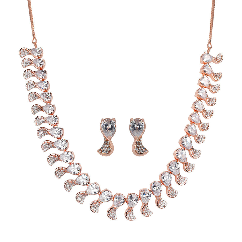 Kord Store Wardrobe Friendly Rose Gold Plated American Diamond Studded Necklace Set For Women