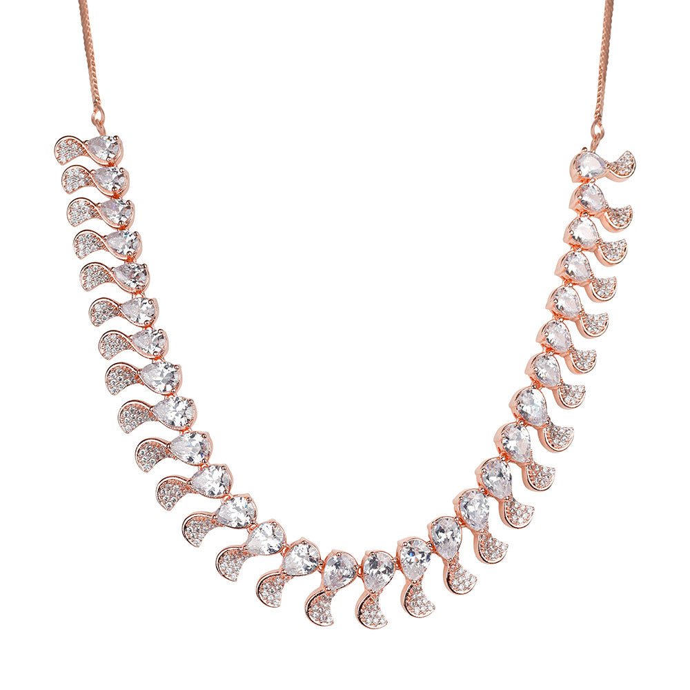 Kord Store Wardrobe Friendly Rose Gold Plated American Diamond Studded Necklace Set For Women