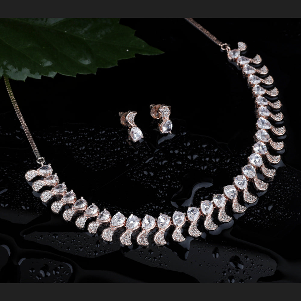 Kord Store Wardrobe Friendly Rose Gold Plated American Diamond Studded Necklace Set For Women