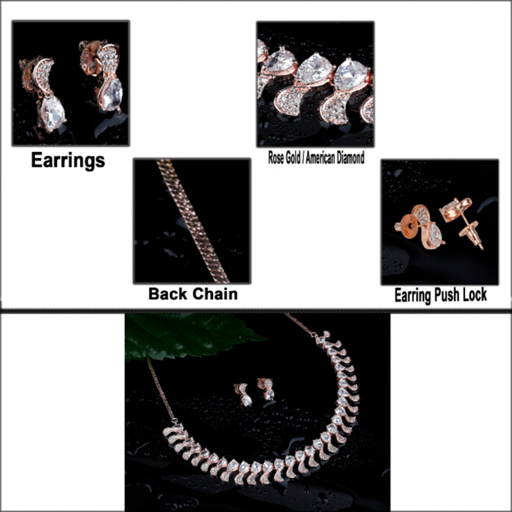 Kord Store Wardrobe Friendly Rose Gold Plated American Diamond Studded Necklace Set For Women