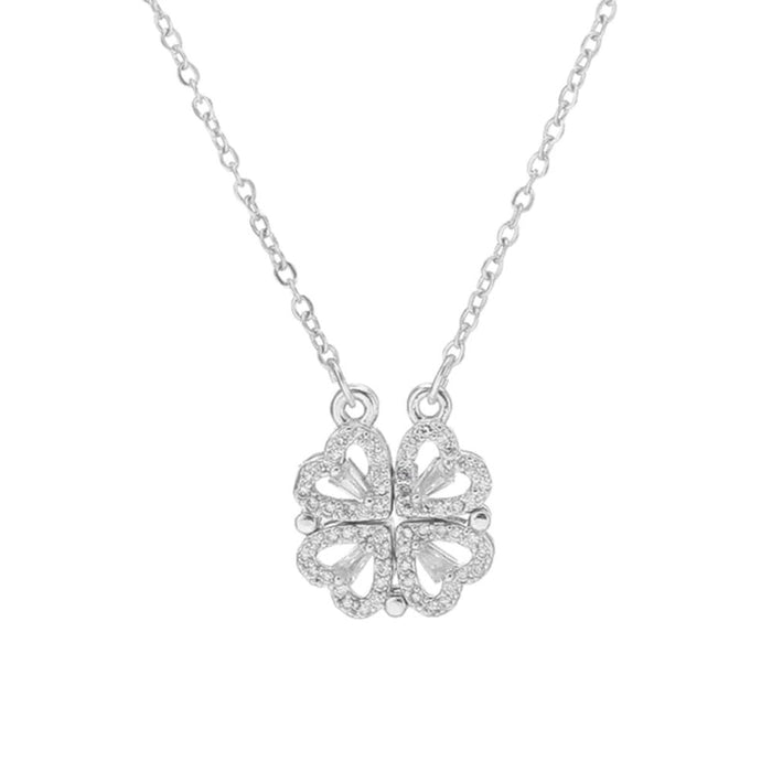 JewelMaze Hyacinth 4-pcs Zircon Heart Magnetic Clover Necklace - Silver - Necklace