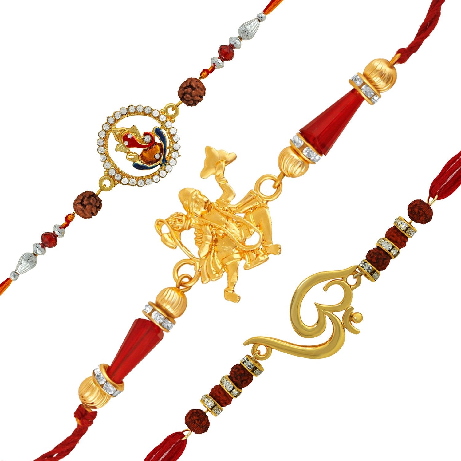 Mahi Combo of 3 Spiritual Hanuman, Ganesha and Om Rakhi Combo with rudraksha and Crystal for Beloved Brother (Bracelet) RCO1104772G