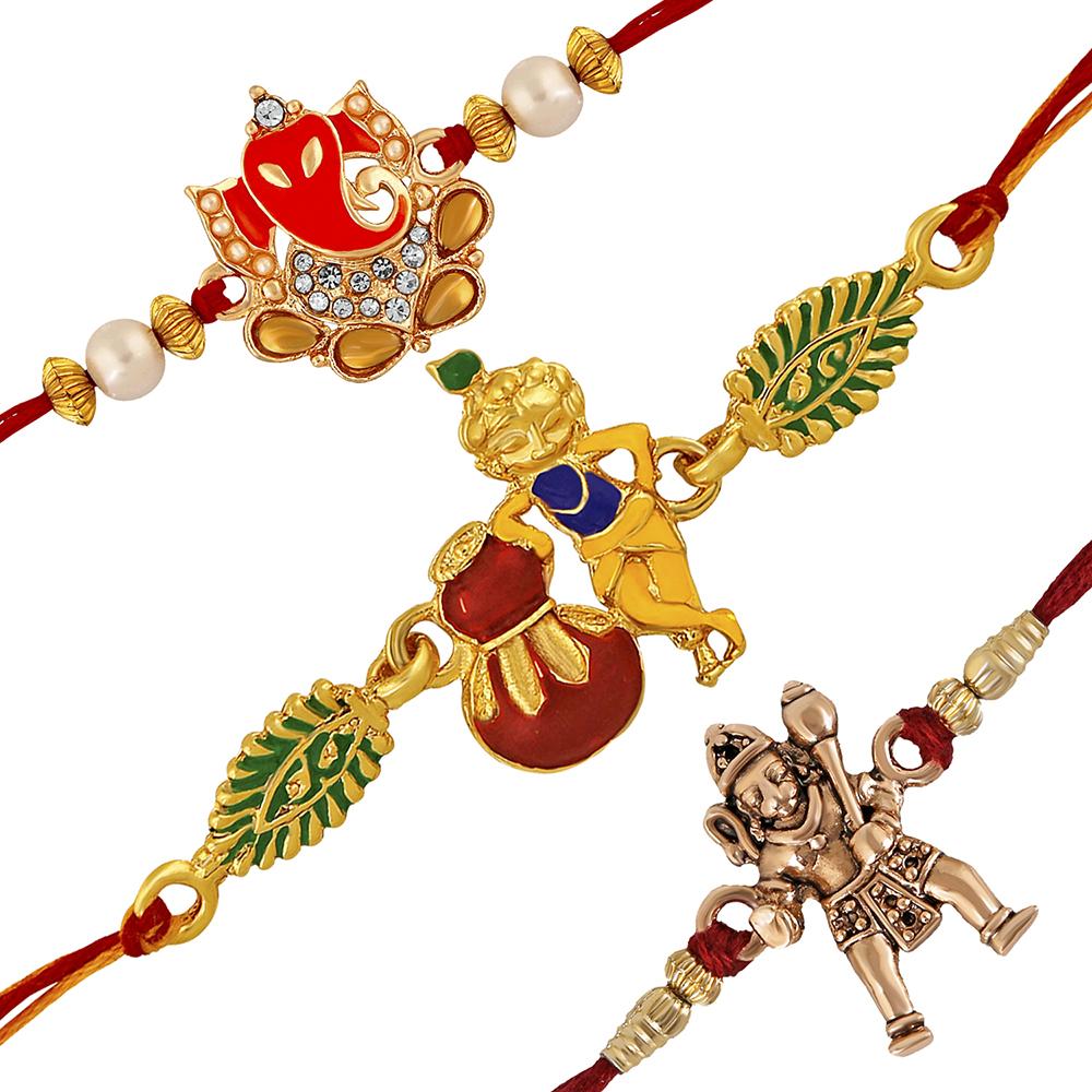 Mahi Combo of Ganesha Krishana and Hanuman Rakhi's with White Crystal and Artificial Pearl for Adorable Brother (RCO1105216M)