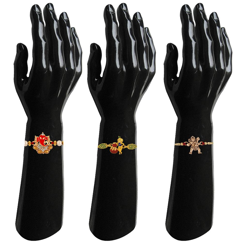 Mahi Combo of Ganesha Krishana and Hanuman Rakhi's with White Crystal and Artificial Pearl for Adorable Brother (RCO1105216M)