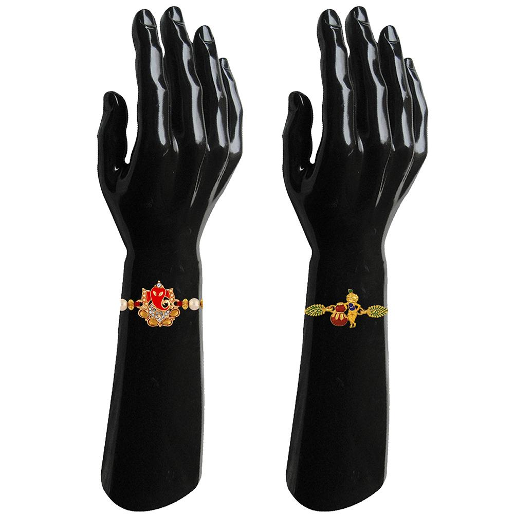 Mahi Combo of Ganesha and Krishana Rakhi's with White Crystal and Artificial Pearl for Brother (RCO1105218M)