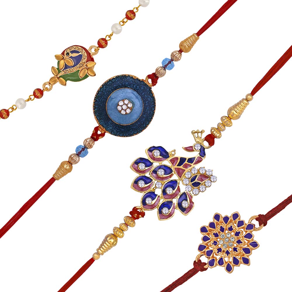 Mahi Combo of Floral and Peacock Shaped Meena Work Colorful Rakhis for Brother (RCO1105414M)