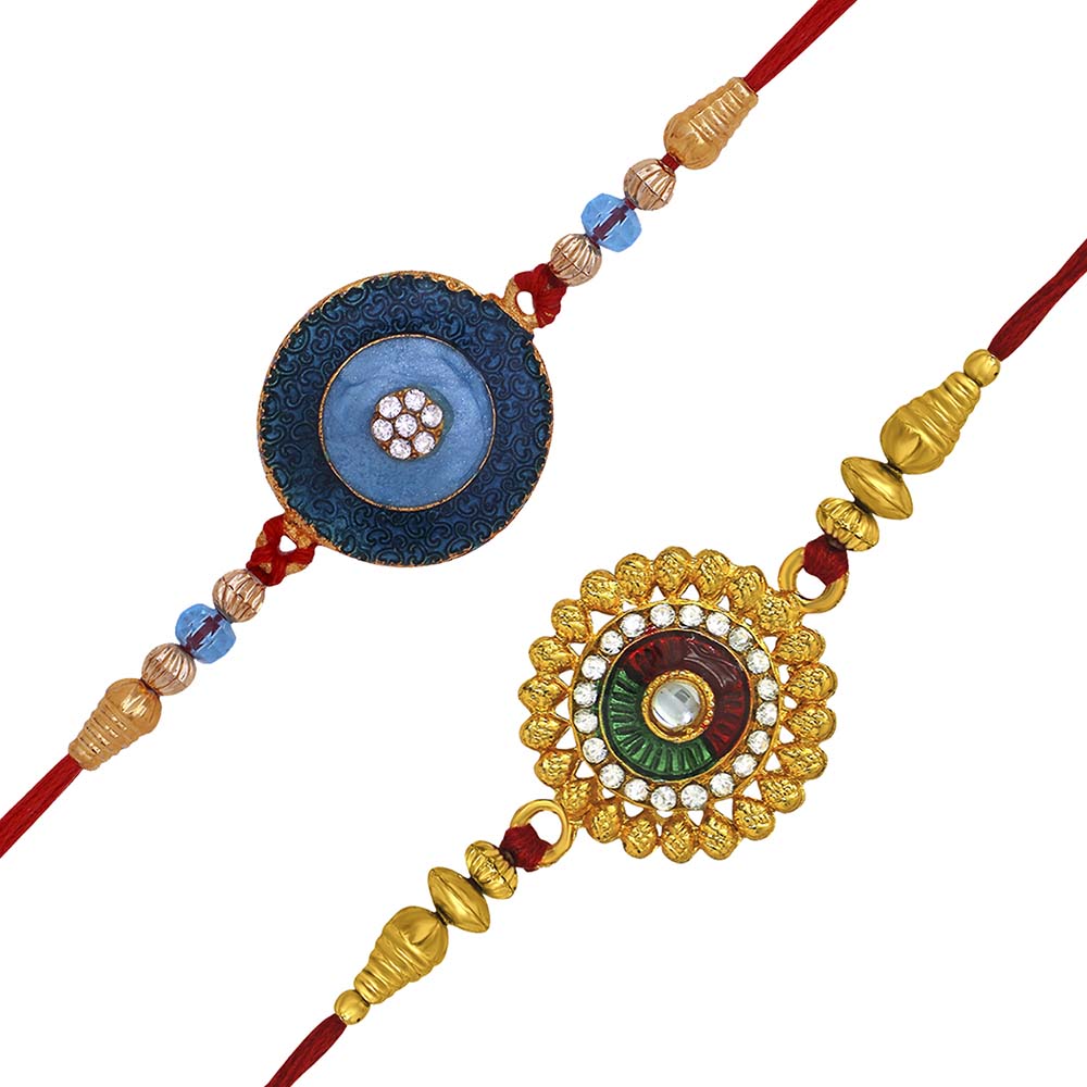 Mahi Combo of 2 Floral Rakhis with Meena Work and Crystals for Bhaiya / Brother (RCO1105429G)