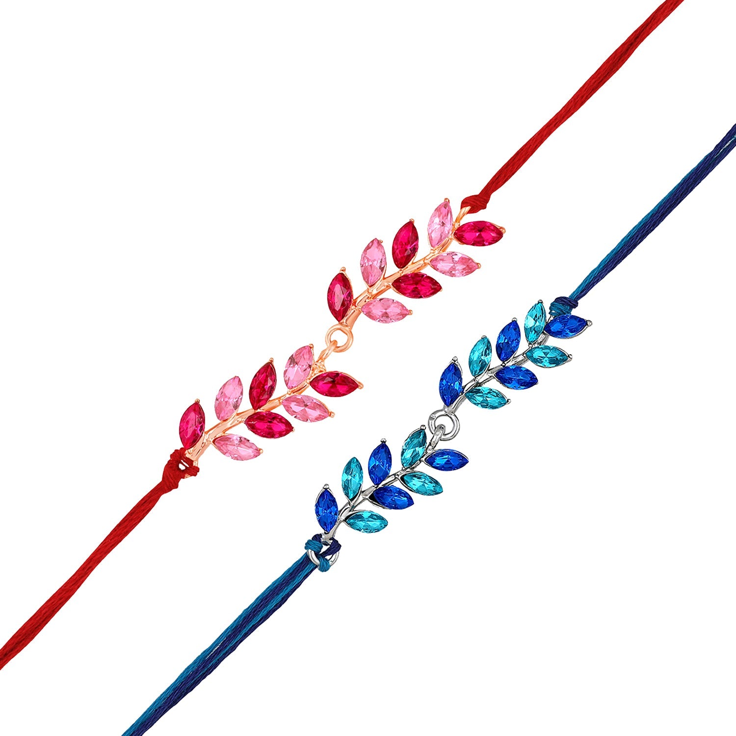 Mahi Combo of 2 Leaf Shaped Beautiful Rakhis with Red Pink and Blue Coloured Crystals for Bhai (RCO1105531M)
