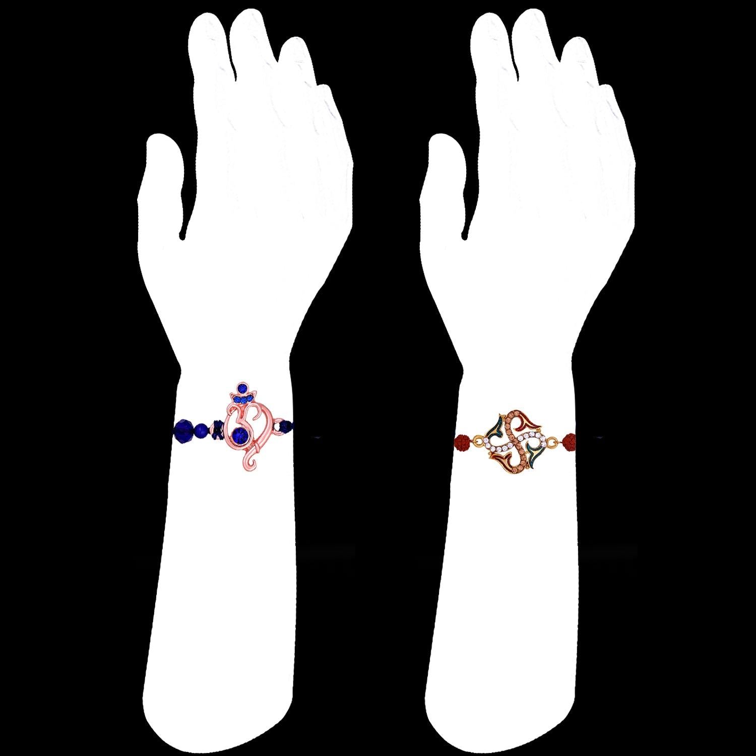 Mahi Combo of Ganesha and Swastik Rakhis with Meenakari Work Crystals and Rudrakshaa for Bhaiya (RCO1105533M)