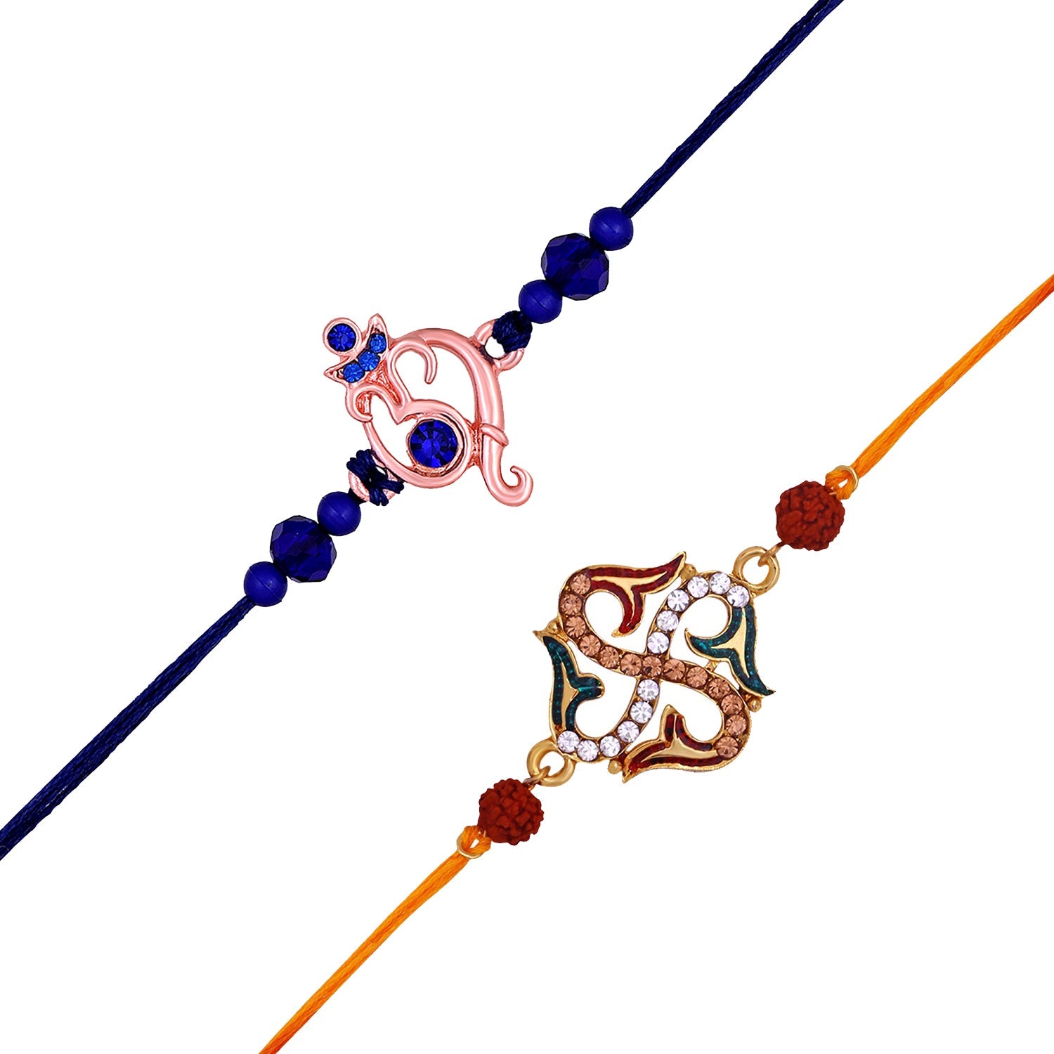 Mahi Combo of Ganesha and Swastik Rakhis with Meenakari Work Crystals and Rudrakshaa for Bhaiya (RCO1105533M)