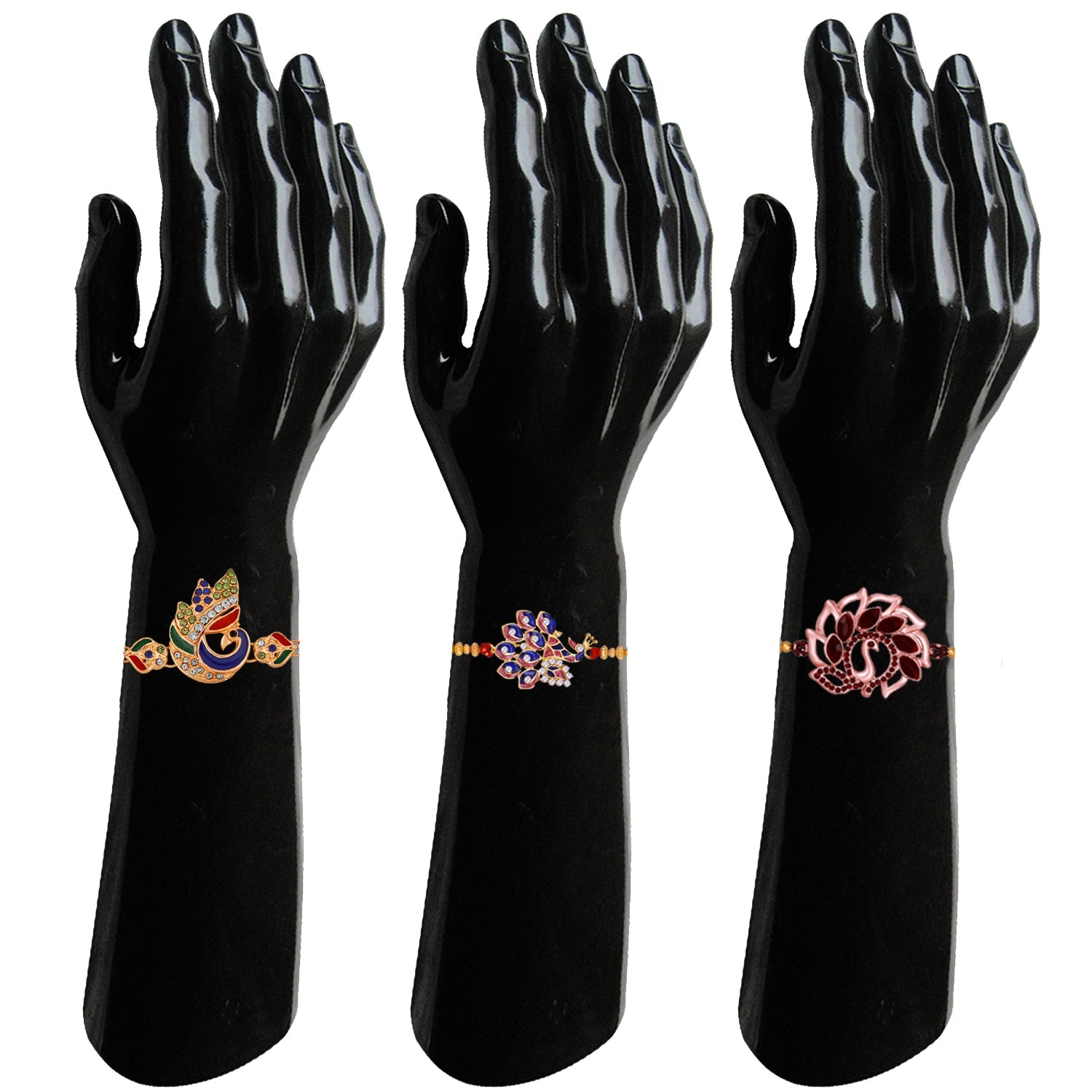 Mahi Combo of 3 Charming Peacock Shaped Rakhis with Meenakari Work and Crystals for Brothers (RCO1105534M)