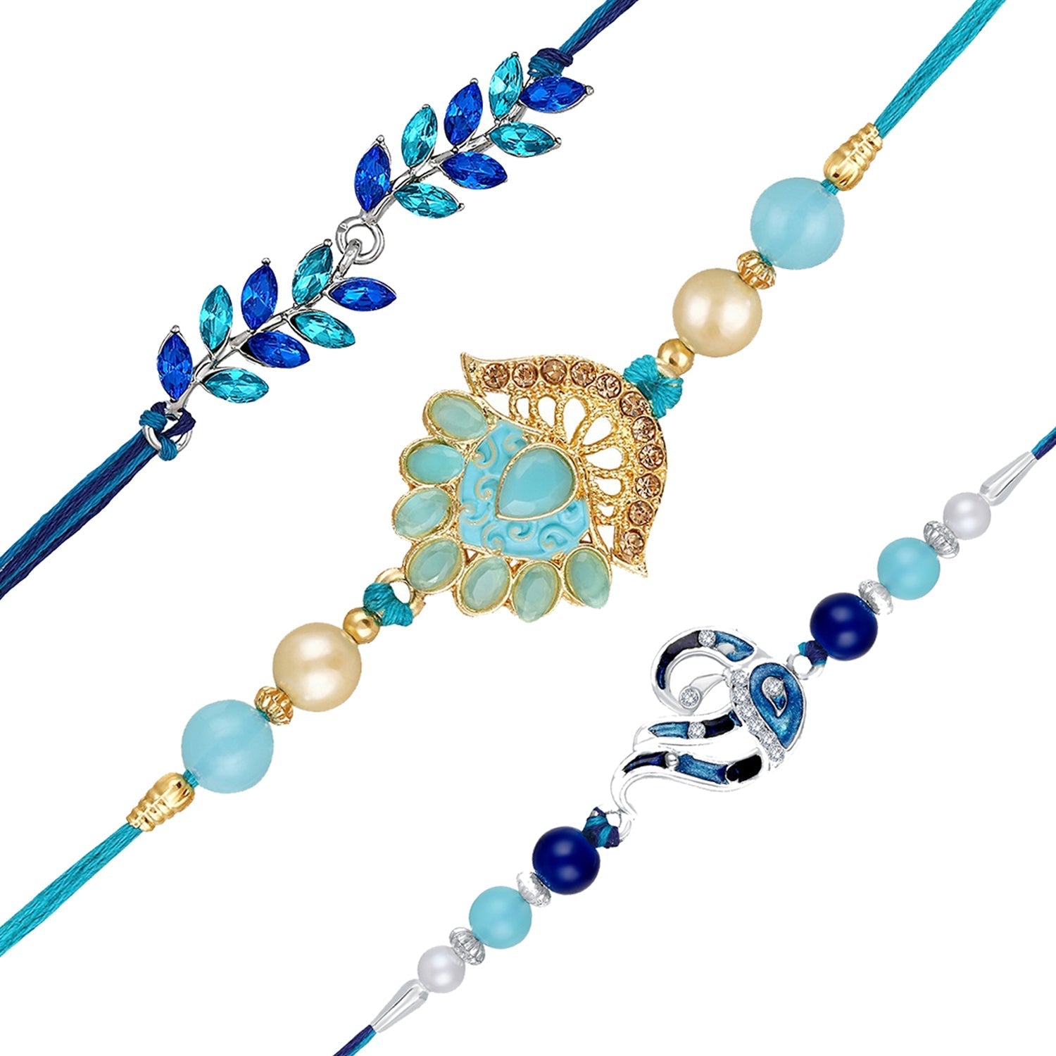 Mahi Combo of Floral, Leaf and Peacock Shaped Rakhis with Blue and White Crystals for Bhai (RCO1105537M)