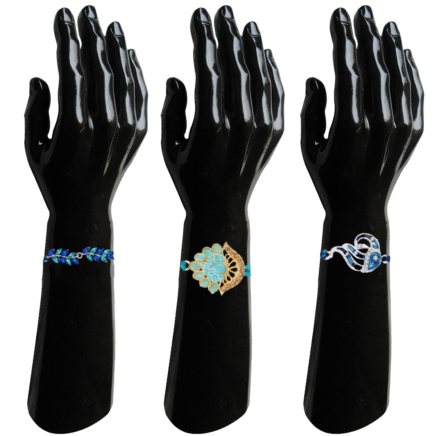 Mahi Combo of Floral, Leaf and Peacock Shaped Rakhis with Blue and White Crystals for Bhai (RCO1105537M)