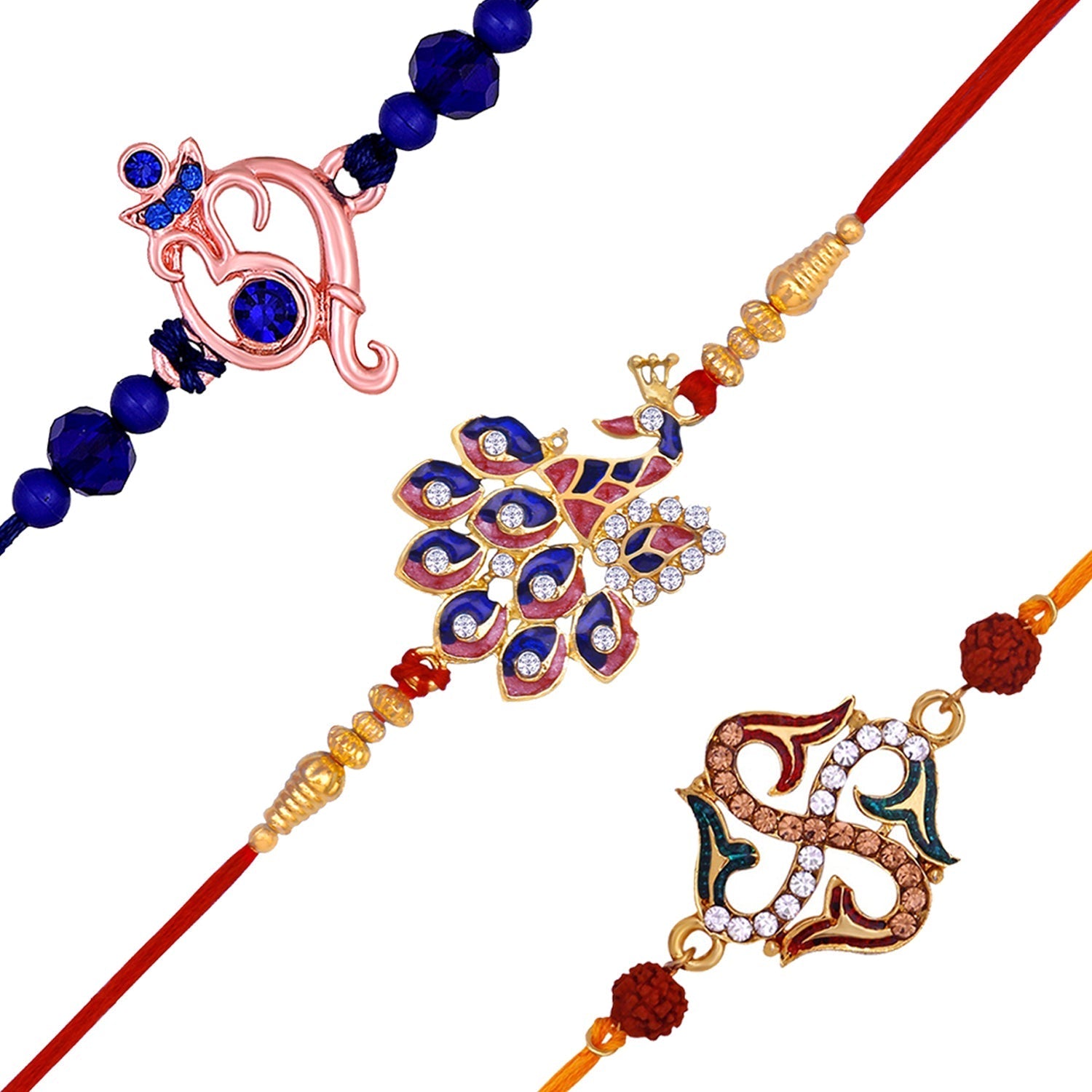 Mahi Combo of Combo of Ganpati Swastik and Peacock Shaped Rakhi's with Meena Enamel and Multicolor Cystals for Bhai (RCO1105539M)