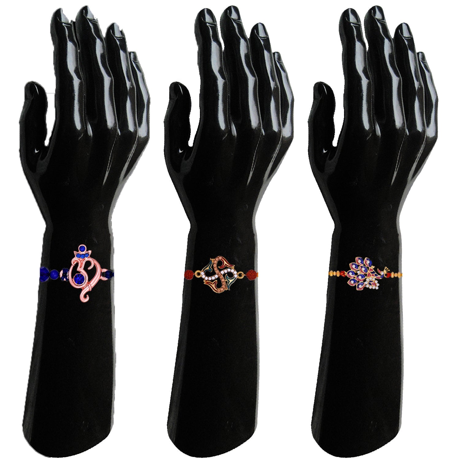 Mahi Combo of Combo of Ganpati Swastik and Peacock Shaped Rakhi's with Meena Enamel and Multicolor Cystals for Bhai (RCO1105539M)