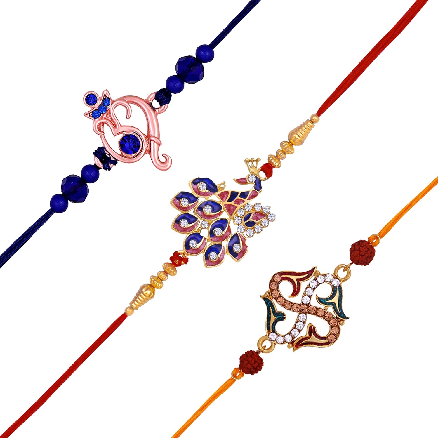 Mahi Combo of Combo of Ganpati Swastik and Peacock Shaped Rakhi's with Meena Enamel and Multicolor Cystals for Bhai (RCO1105539M)