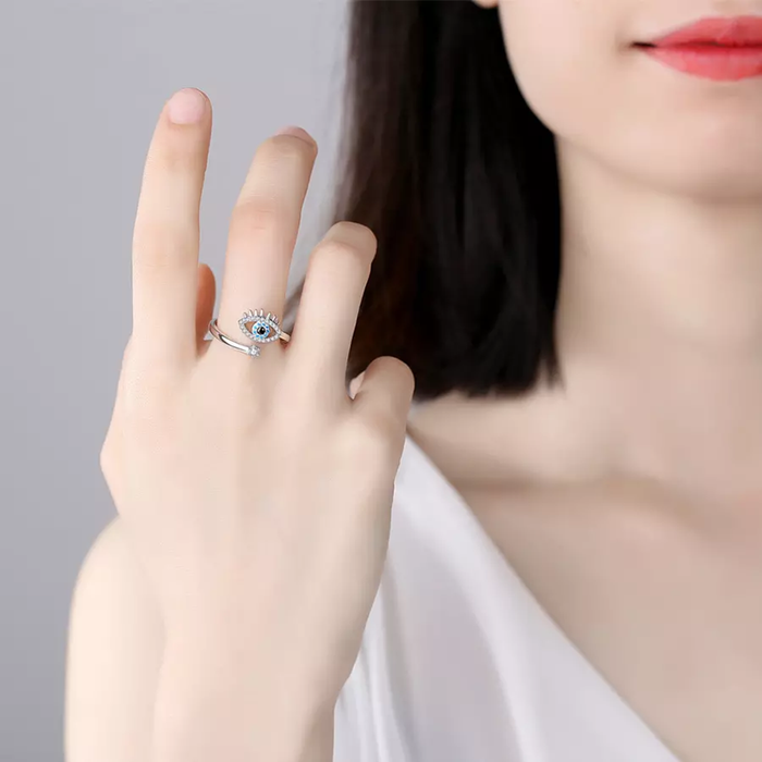 JewelMaze Cute Evil Eye Adjustable Ring - Silver - Silver
