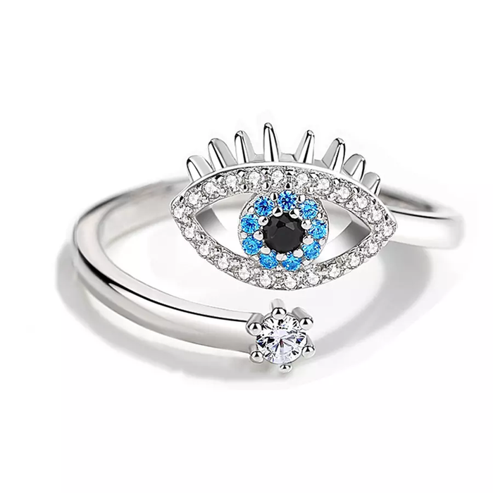 JewelMaze Cute Evil Eye Adjustable Ring - Silver - Silver